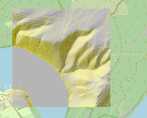 Schummerung + Höhenschichtlinien für eine Datenkachel am Edersee (Hessen).